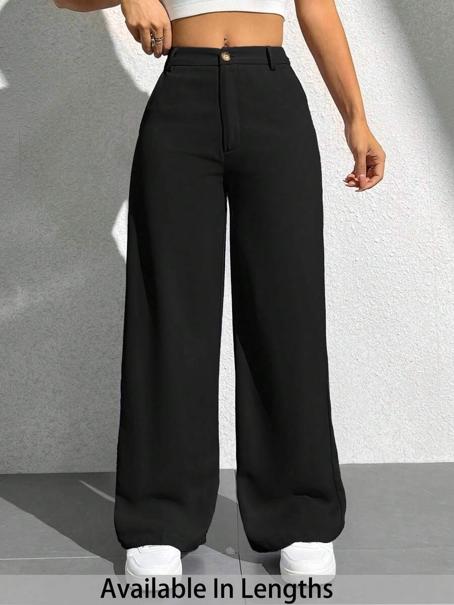 SHEIN PETITE CURVE Plus Size Ladies' Solid Color Simple Everyday Casual Trousers/Winter - Black - View 1