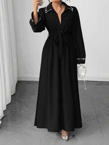 SHEIN Tall Elenzga Women's Elegant Commuter, Faux Pearl Decor, Autumn Dress, Tall Women - Black - View 1