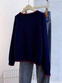 Franclia Casual Loose Fit Round Neck Long Sleeve Knitted Contrast Trim Raglan Sleeve Apricot Women Pullover Sweater, Spring/Autumn, Christmas - Navy Blue - View 2