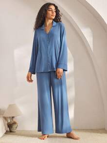 Ocili Damen Einfarbiges Langarm Einreihiges Top und Hose Pyjama Set, Winterkleidung - Blau - Übersicht 3