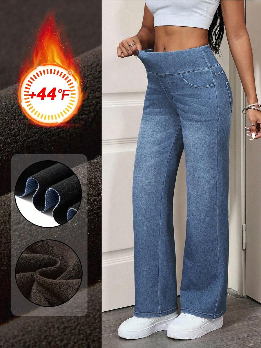 Flexra 浅蓝色水洗百搭百搭四向弹力保暖内衬宽松直筒牛仔裤 - 淺色水洗藍 - 查看 1