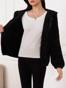 SHEIN Teen Girls Autumn And Winter Casual Black Solid Double-Faced Fleece Mid-Weight Hooded Jacket With Cute Ear Shape Details, Suitable For Halloween, Christmas, Spring Festival, Girls' Jacket - Black - View 8