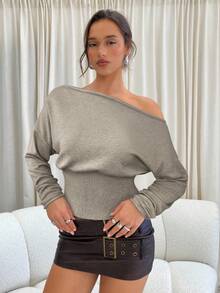 Aloruh Women's Autumn/Winter Slash Shoulder Off Shoulder Long Sleeve Slim Ribbed Light Gray Sweater
