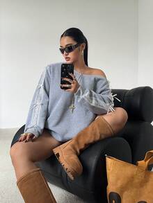 POPSWAY Plus Size Women Bow Decor Korean Style Oblique Collar Loose Casual Sweatshirt - Light Grey - View 3