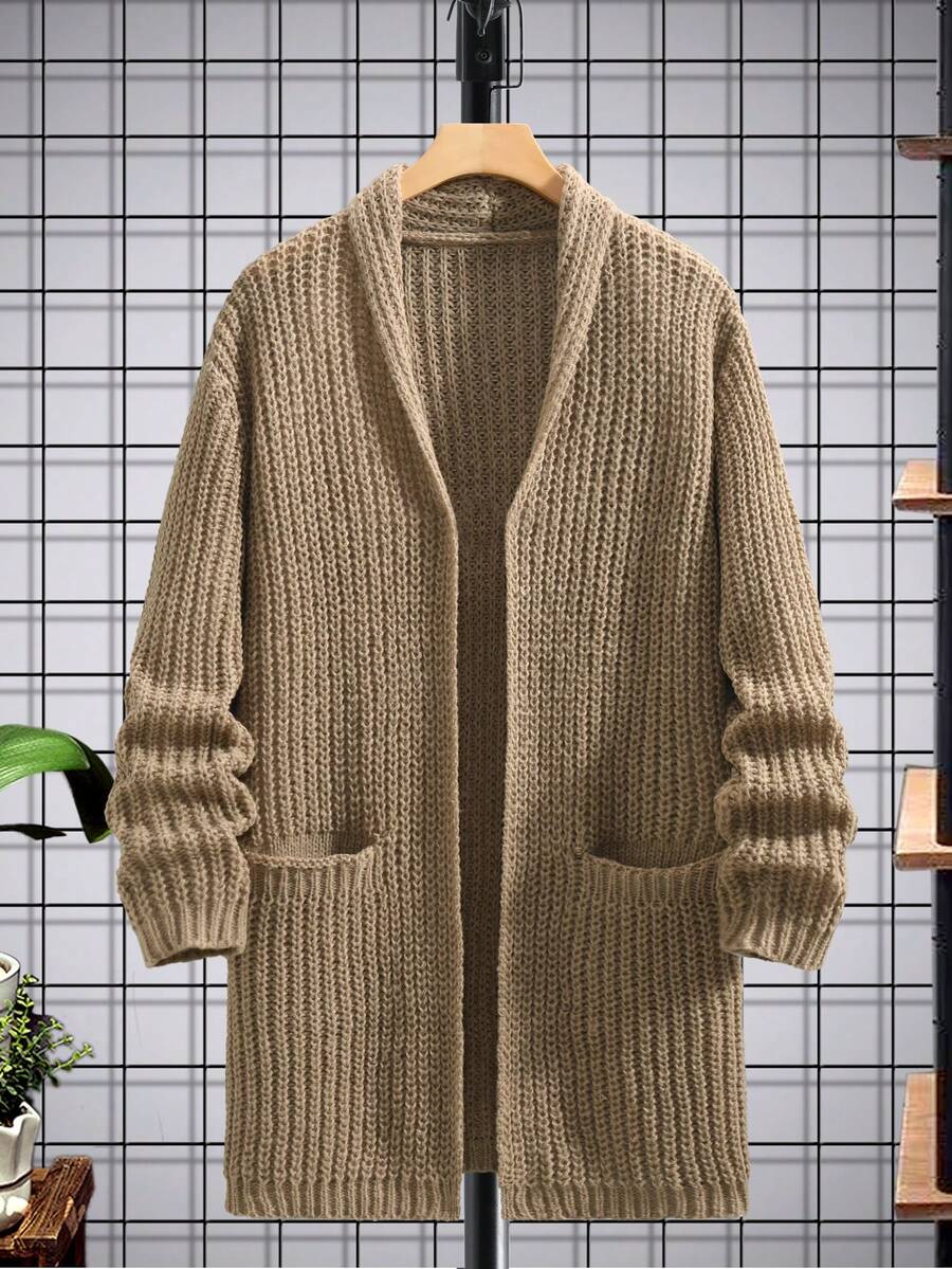 Manfinity Homme Áo khoác cardigan nam thường ngày có hai túi, Thu/Đông - Màu Khaki - Xem 1
