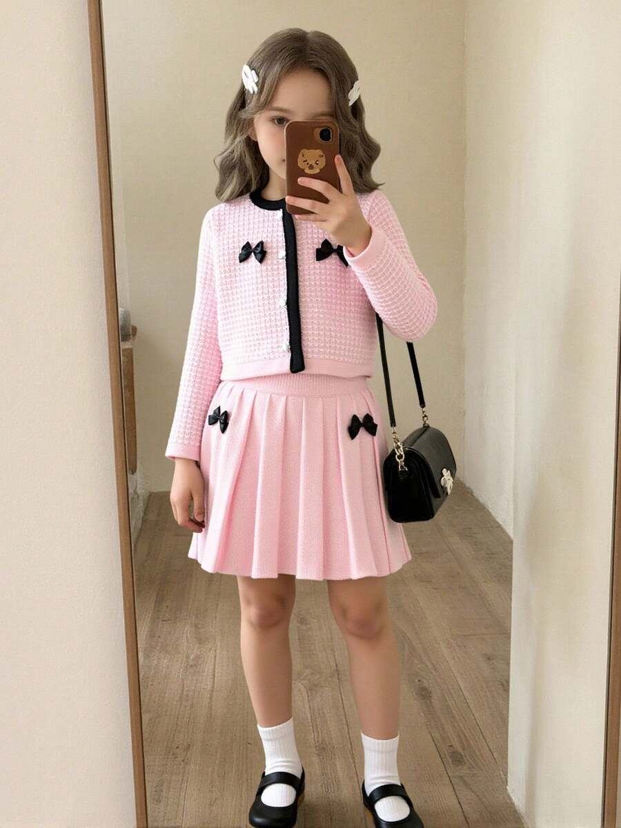 SHEIN 2 peças/Conjunto Cardigan de Tricô Rosa Pastel com Laço Preto & Saia Plissada, Roupa Macia e Confortável de Volta às Aulas de Outono para Meninas Jovens, Festa e Creche
