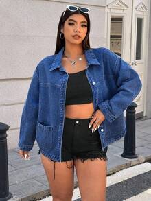 SHEIN ICON 大码女式休闲宽松牛仔夹克，单排扣，长袖，秋季 - 深色水洗藍 - 查看 5