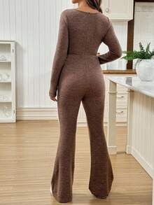 SHEIN 孕妇纯色方领长袖休闲喇叭连体裤 - 棕色 - 查看 2
