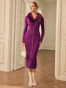 Aveloria Rosie French Retro Fur Collar Button Decor Long Sleeve Sweater Dress