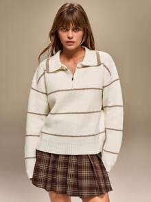 SHEIN 女式条纹拉链 Polo 领落肩长袖休闲毛衣，秋冬 - 白色 - 查看 3