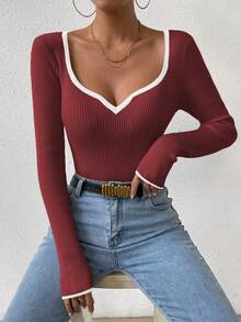 SHEIN 女式休闲撞色镶边鸡心领修身长袖毛衣，秋冬 - 紅色 - 查看 5