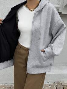 DAZY Women's Contrast Color Patchwork Loose Open Front Hooded Fleece Sweatshirt, Casual City Style Jacket,Winter Hoodies - Grey - View 1