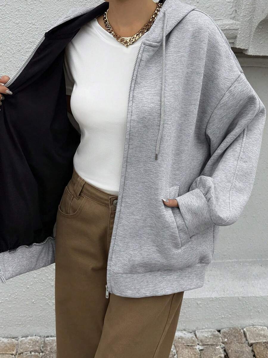 DAZY Women's Contrast Color Patchwork Loose Open Front Hooded Fleece Sweatshirt, Casual City Style Jacket,Winter Hoodies - Grey - View 1
