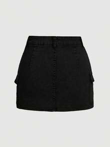 SHEIN MOD 大码女式休闲纽扣口袋百搭牛仔迷你裙 - 黑色 - 查看 2