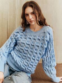 Anewsta Elegant Merino Wool Hollow Out Cable Knit Crew Neck Long Sleeve Sweater For Women, Suitable For Fall, Winter, Spring, New Year, Party, Wedding - Blue - View 3