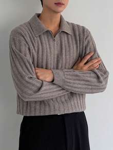 DAZY Men's Solid Brown Half-Zip Design Commuter Sweater, Autumn/Winter - Brown - View 4