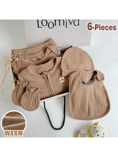 Loomiva 女婴 6 件套：柔软针织装饰标签、长裤、围兜、帽子、手套