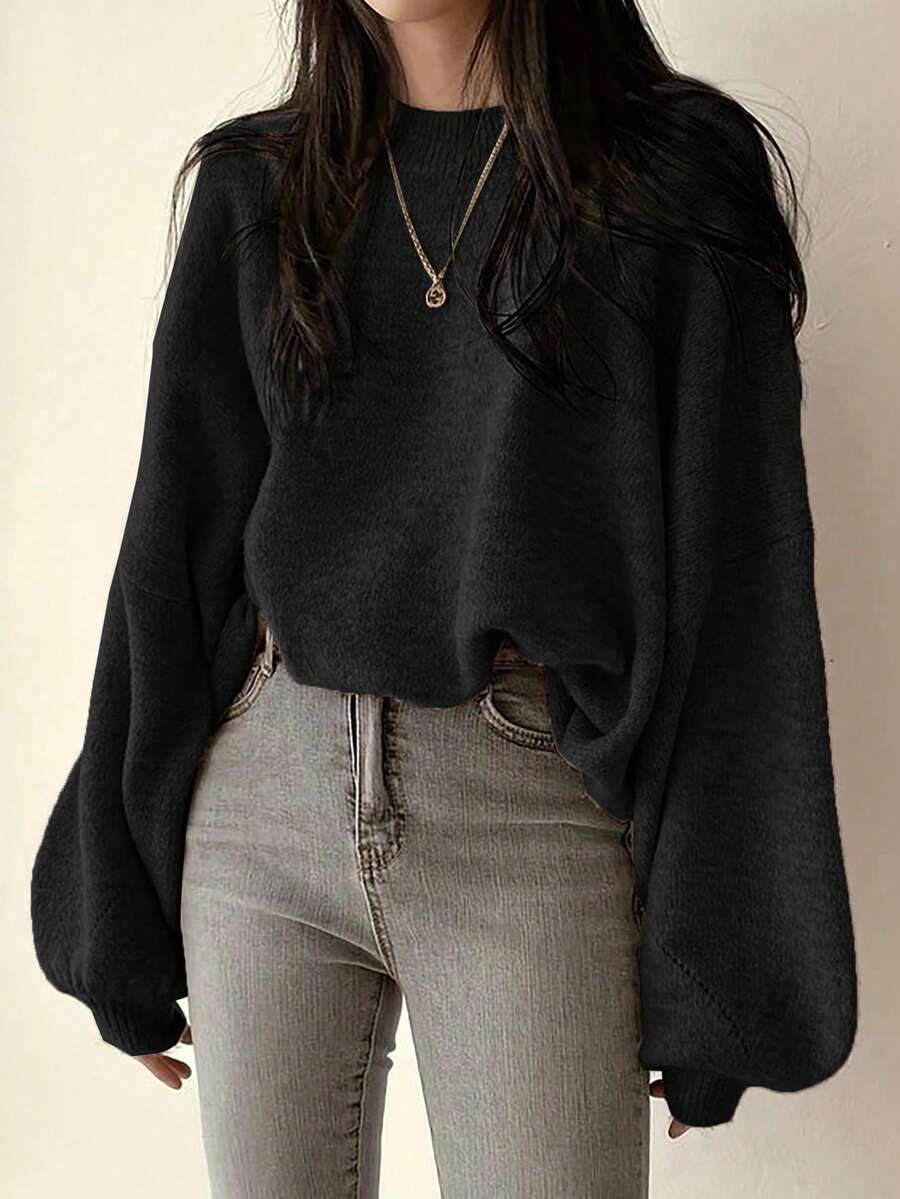SoleilVie Casual Crew Neck Loose Fit Knitted Sweater, Versatile For Autumn/Winter, French Style, Long Sleeve Top Fall - Black - View 1