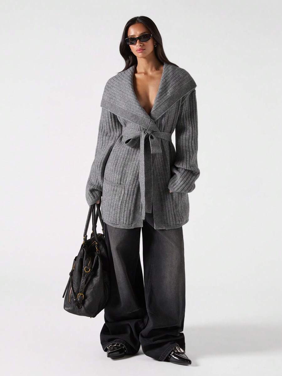 LYSMO Áo khoác cardigan dệt kim tay dài cổ bẻ màu trơn dành cho nữ, thường ngày, thu/đông - Màu xám đen - Xem 1