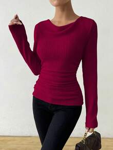 Almamuse Vintage Asymmetrical Draped Neck Textured Ruched Fitted Long Sleeve T-Shirt - Rose Red - View 6