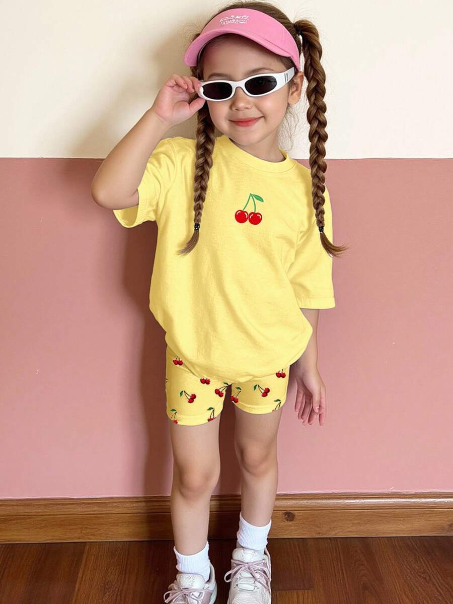 SHEIN Happikins 2pcs Young Girl Casual Simple Style Short Sleeve Shorts Set, Suitable For Summer - Multicolor - View 1