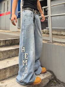 ROMWE MEN Grunge Punk Men's Loose Fit Jeans With Rhinestone Embroidered Patches - Blue - View 6