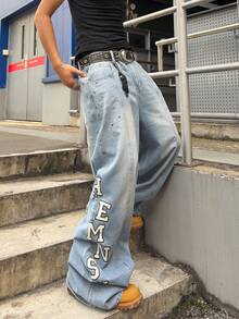 ROMWE MEN Grunge Punk Men's Loose Fit Jeans With Rhinestone Embroidered Patches - Blue - View 7