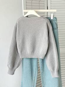SHEIN 1 件女童超大 V 领灰色麻花纹理宽松休闲套头毛衣，舒适柔软纯色简约百搭毛衣，适合秋冬季日常穿着、外出、上学、运动 - 灰色 - 查看 2