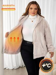SHEIN CURVE+ Áo khoác cardigan nữ cỡ lớn có khóa kéo, có túi, áo khoác nỉ trùm đầu, quần áo thu đông cho nữ - Màu Khaki - Xem 1