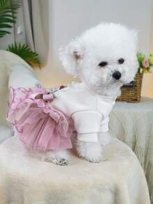 PETSIN 1 件宠物连衣裙公主风格刺绣珍珠皇冠连衣裙，适合小型犬、猫和狗，可爱蓬松纱布连衣裙 - 粉白 - 查看 5