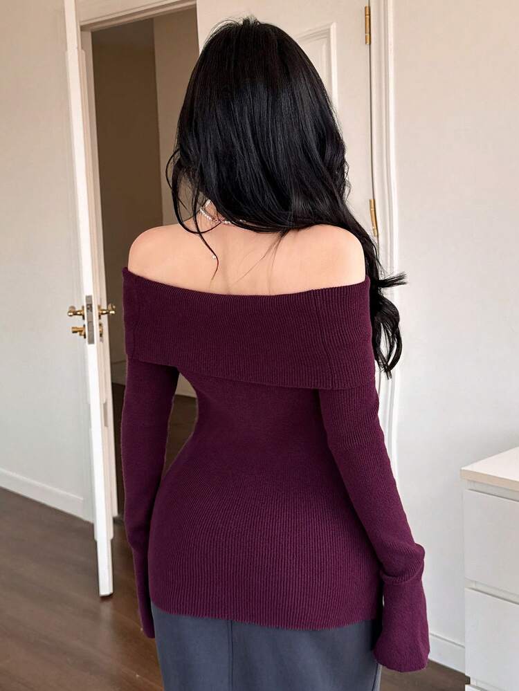 Women's Elegant Solid Color Off Shoulder Sweater, Autumn