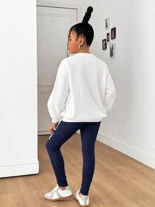 Bộ 2 áo nỉ cổ tròn in chữ cho bé gái tuổi teen + quần legging dệt kim, thời trang thường ngày đa năng - Màu xanh hải quân - Xem 2