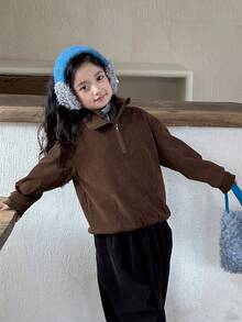 Dazy Kids 少女休闲纯色套头衫，秋季 - 咖啡棕 - 查看 4