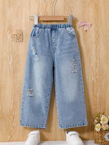 1pc Girls Casual Collegiate Style Blue Woven Distressed Denim Straight Leg Pants With Butterfly Embroidery - Blue - View 3