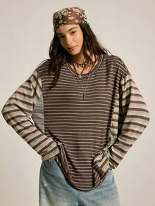 SoleilVie Women's Loose Fit Drop Shoulder Striped T-Shirt - Brown - View 1