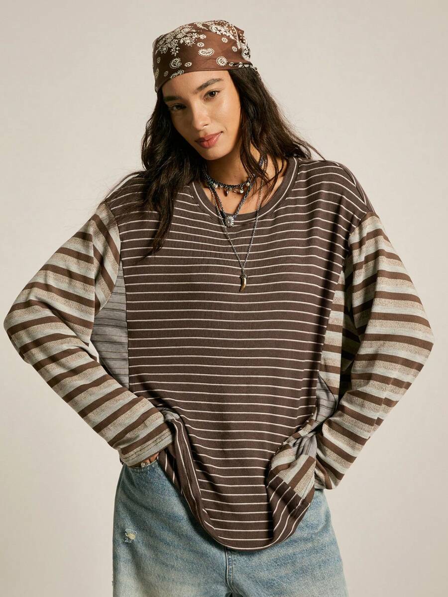 SoleilVie Women's Loose Fit Drop Shoulder Striped T-Shirt - Brown - View 1
