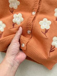 Blossori Young Girls' French Elegant Floral Embroidered Button-Front Knit Cardigan, Little Girls Button Up Sweater,Cozy Fall & Winter Styles - Yellow - View 4