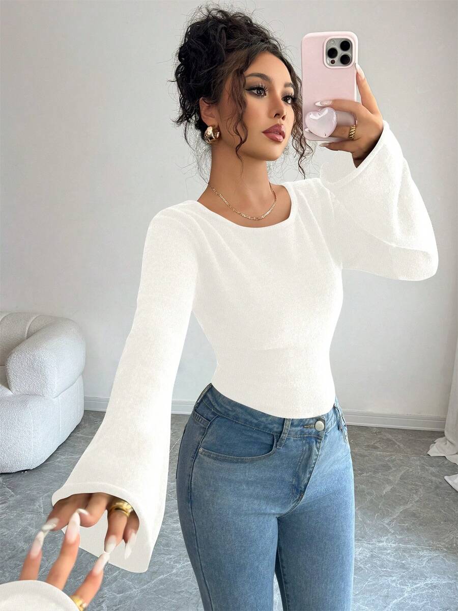 Elenzga Sweater Wanita Lengan Panjang Elegan Modis dengan Kerah Bulat dan Potongan Pas Badan, Warna Polos - Putih - View 1