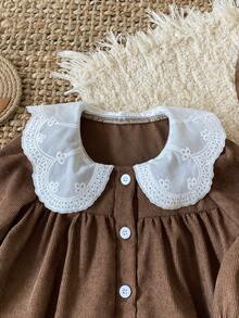 SHEIN 2pcs/Set Baby Girl Infant Toddler Newborn 0-3 Years Old Casual Daily Countryside Style Knitted Ruffled Collar Corduroy Khaki Outfit Set, Autumn/Winter 2pcs Set Toddler Girls Cute Vintage Style Brown Toddler Outfit Girl Two Piece Toddler Girls Dress Shirt And Pants Mocha Baby Clothes Baby Girls Summer Set Brown - Brown - View 6