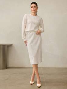Modelyn 女式针织提花米色长袖圆领裙套装，休闲时尚两件套 - 米色 - 查看 4