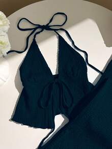 Elamini Textured Fabric Pleated Halter Top And Loose Wide Leg Pants Set - Teal Blue - View 4