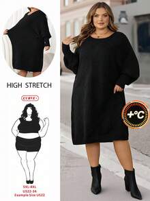 SHEIN CURVE+ 大码女式黑色蝙蝠袖休闲针织毛衣裙，秋冬针织裙 - 黑色 - 查看 1