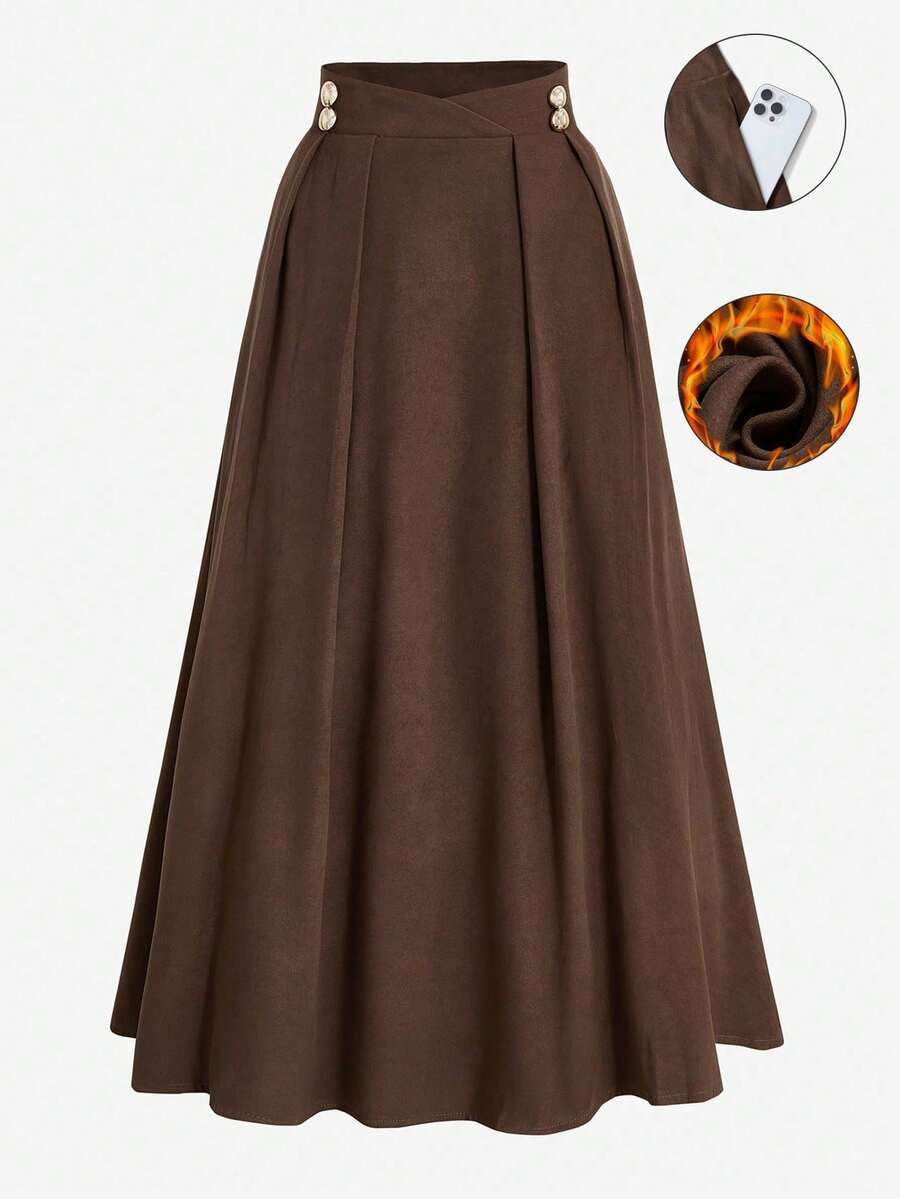 Franclia Gonna a vita alta e ampia per taglie forti, elegante per ufficio/casual/appuntamenti, decorata con bottoni dorati/color caffè, gonna lunga modesta di colore marrone scuro, gonna a campana marrone scuro, gonna marrone cioccolato - Caffè Marrone - Visualizzare 1