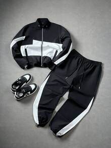 Aesthetic Post 男士黑白拼接长袖外套和裤子两件套，适合日常穿着、户外活动、运动、休闲、上学、聚会、音乐节等场合，是送给朋友和男友的绝佳礼物。男士运动服套装，男士慢跑服，男士黑白套装，秋季服装。 - 黑色 - 查看 1