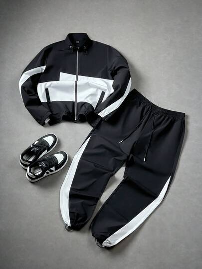 Aesthetic Post 男士黑白拼接长袖外套和裤子两件套，适合日常穿着、户外活动、运动、休闲、上学、聚会、音乐节等场合，是送给朋友和男友的绝佳礼物。男士运动服套装，男士慢跑服，男士黑白套装，秋季服装。