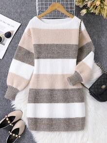 SHEIN 1 pièce Robe pull pour préadolescentes, style décontracté avec épaules dénudées et blocs de couleurs rayés, épaisseur régulière, ourlet net, manches retroussées, robe en tricot classique et polyvalente, tissu doux et agréable sur la peau, couleurs vives, ample et confortable, convient pour le port quotidien, les sorties, l'école, l'automne/l'hiver - Multicolore - Voir 3