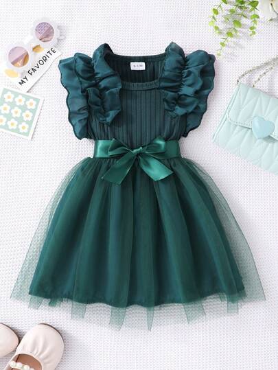Glamorique Kids Baby Girls' Ruffled Cap Sleeve Ribbed Mesh Round Neck Summer Princess Casual Dress With Belt Baby Girl Emerald Dress Flutter Sleeve Dress