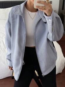 DAZY Damen gestreifte Jacke mit bestickter Verzierung und Thermofutter, Herbst/Winter - Blau - Übersicht 7