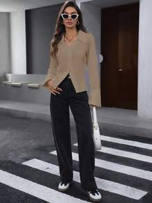 SHEIN LUNE 冬季辦公工作上衣 100%純棉商務休閒女款辦公上衣 - 卡其色 - 查看 4