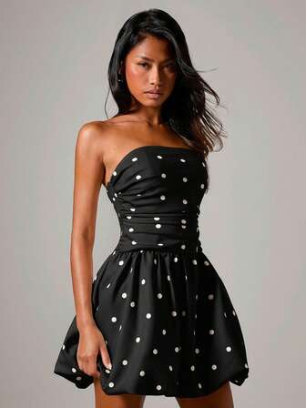 COSMINA Women's Fashionable Polka Dot Print Bandeau Mini Dress, Summer